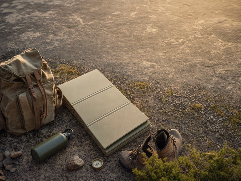 foldable_yoga_mat_beside_backpack_on_outdoor_ground
