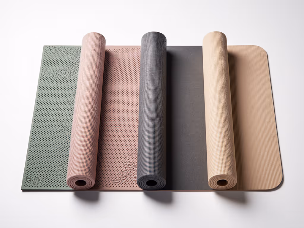 overhead_view_of_various_yoga_mats_with_labels_for_grip_cushion_and_texture