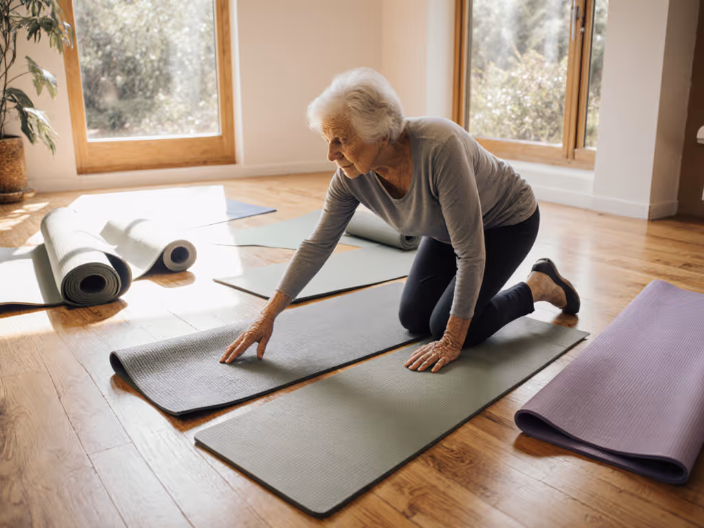 elderly_yoga_practitioner_testing_mats_on_hardwood_floor